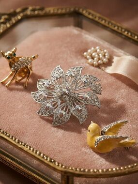 Vintage Silver Floral Crystal Brooch with Gold and Yellow Animal Pins.